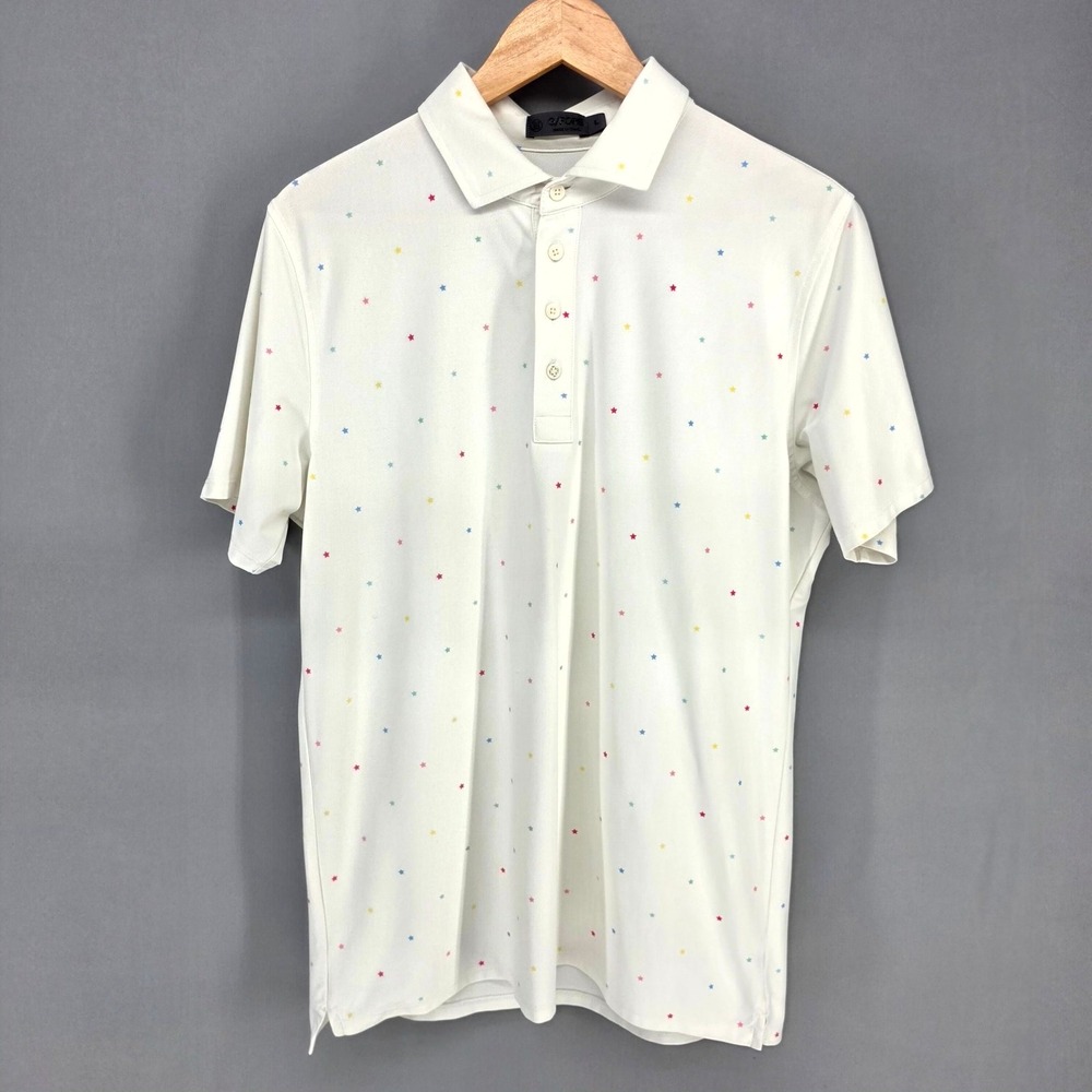 G/FORE Polo Shirt Mens L‎ White Multi Color Star Print Golf Performance Active